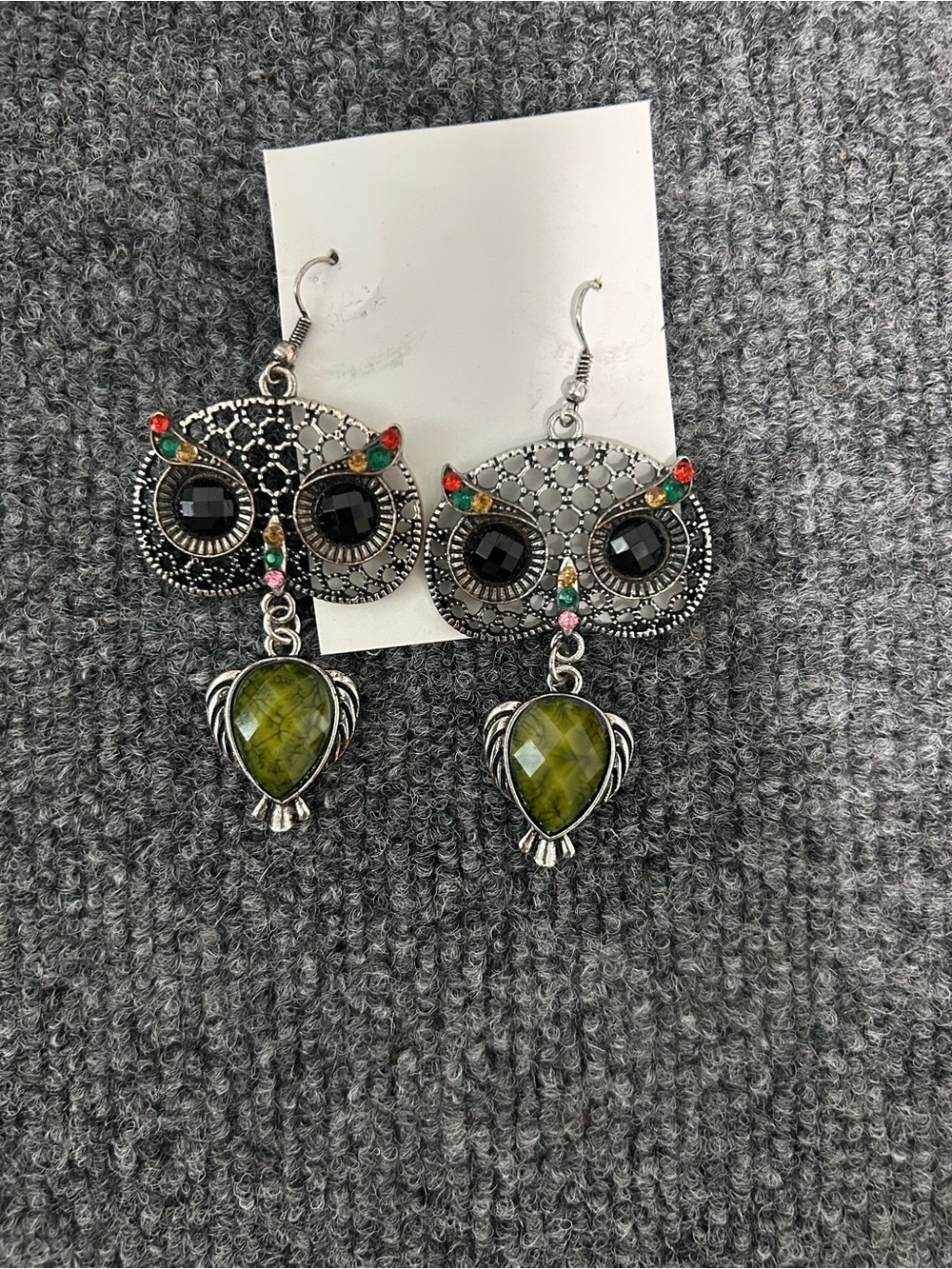 Silver-Tone Green Owl Drop Earrings with Multicolor Accents